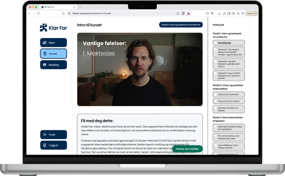 Klar Far-kurset slik det ser ut innlogget på laptop